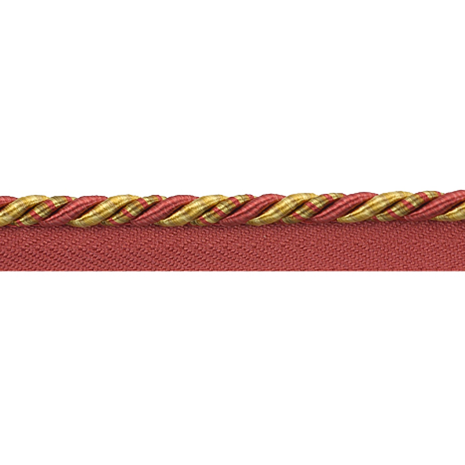 Red pipping cord with gold and red twisted centre on a white background