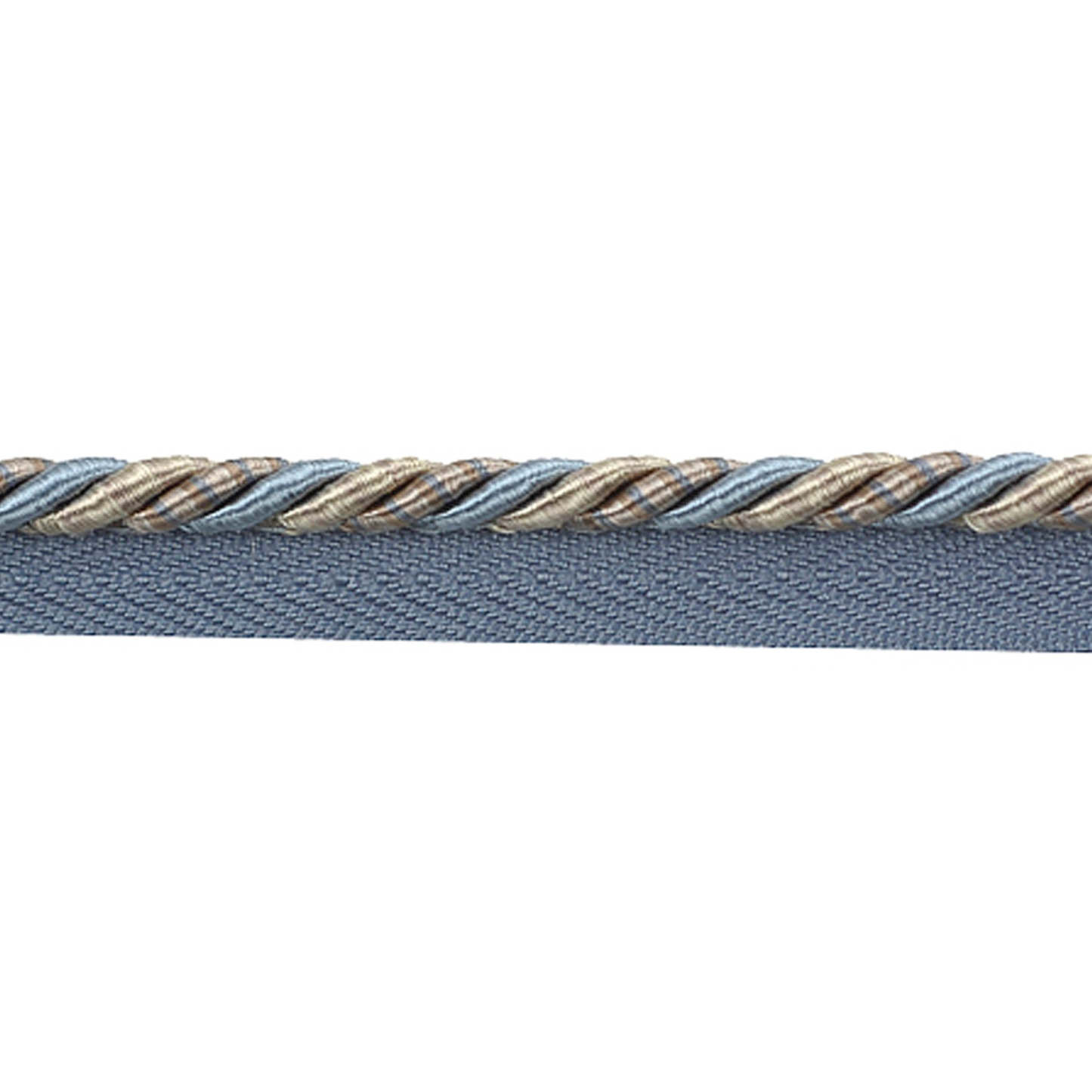 Close-up of a blue and gold braided cord on a white background