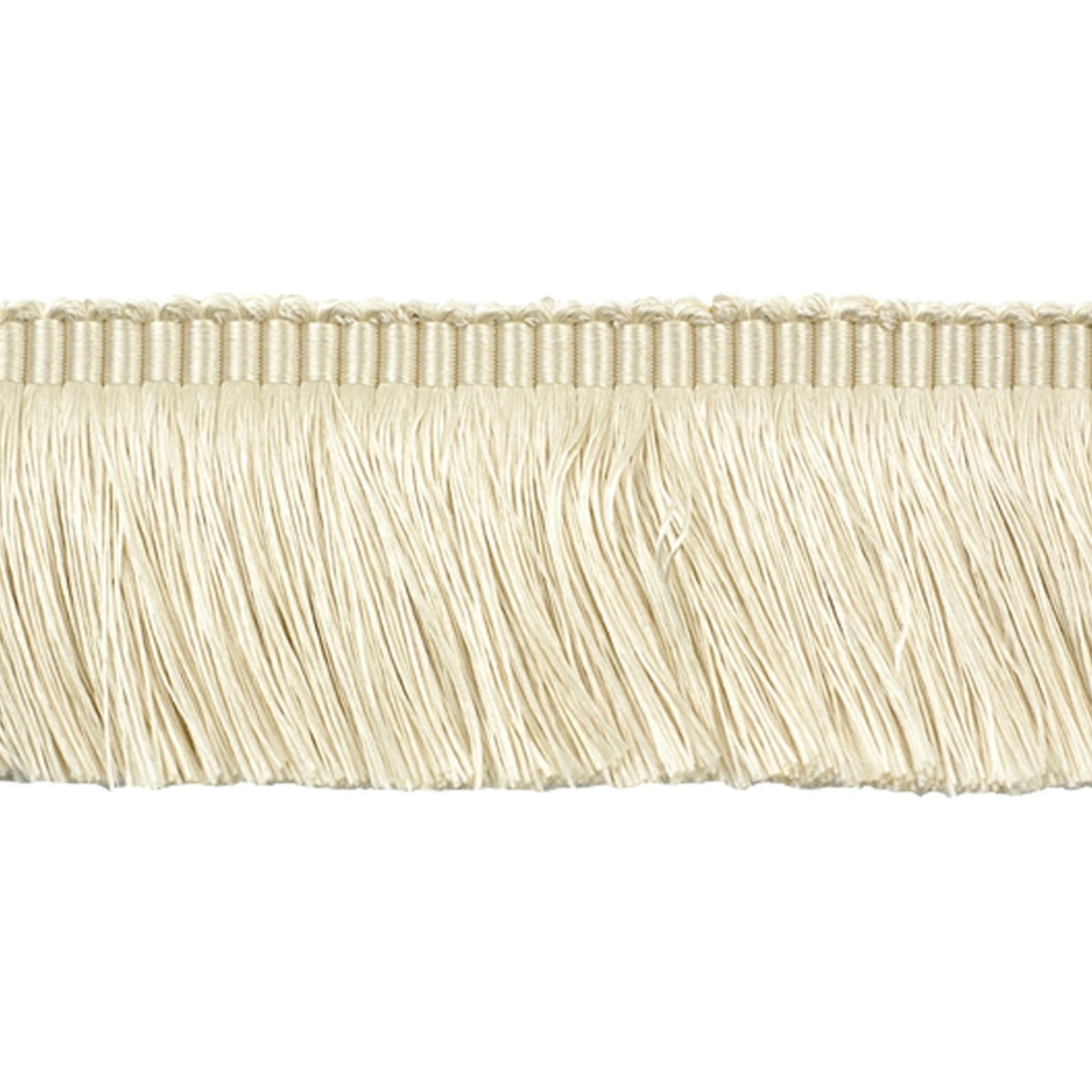 Close-up of a beige fringe trim on a white background