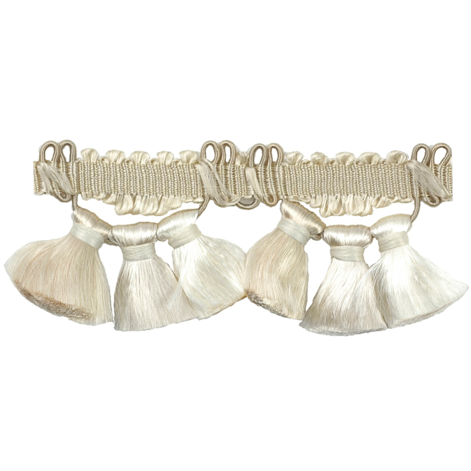 Cream-colored fringe trim with tassels on a white background