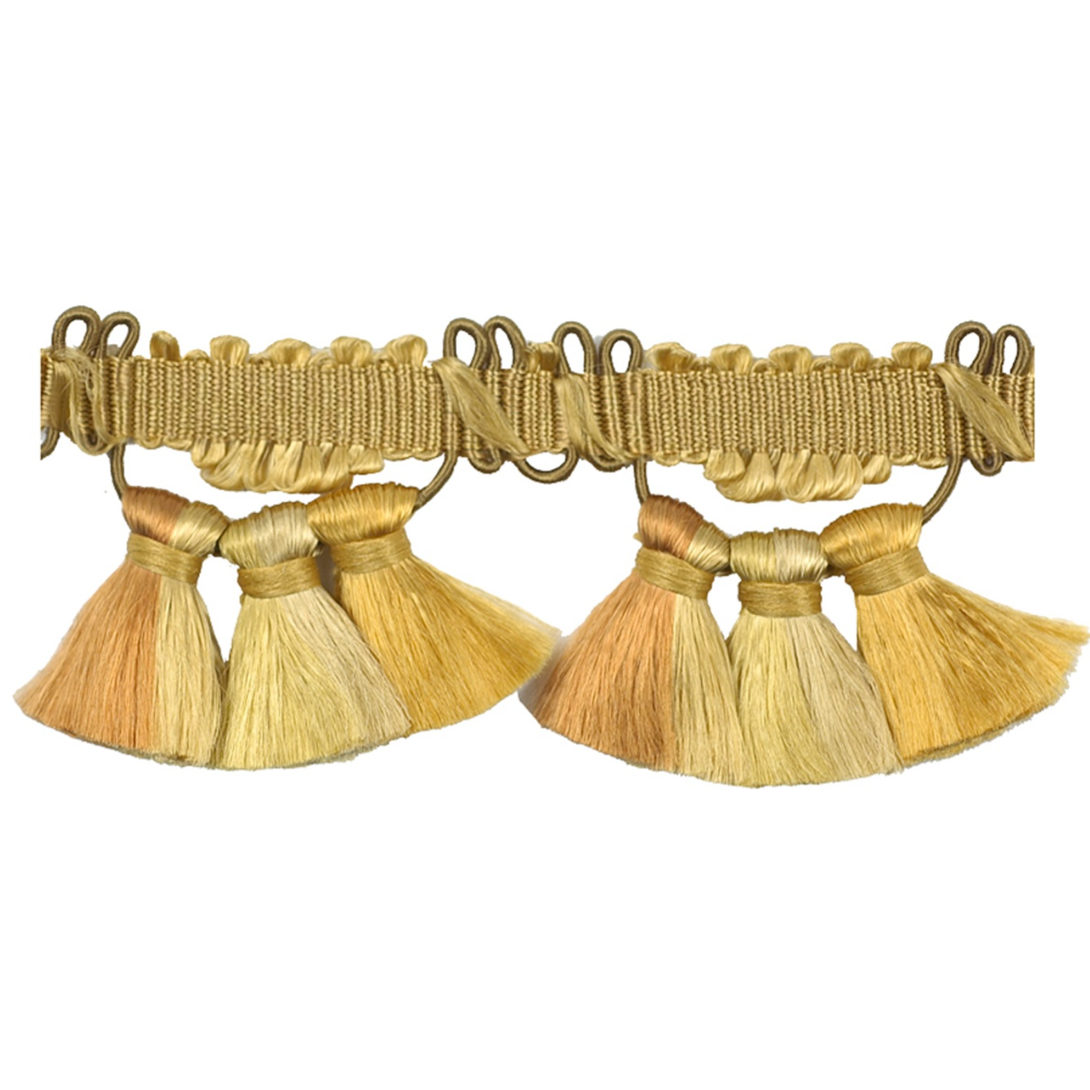 Gold decorative trim with tassels on a white background
