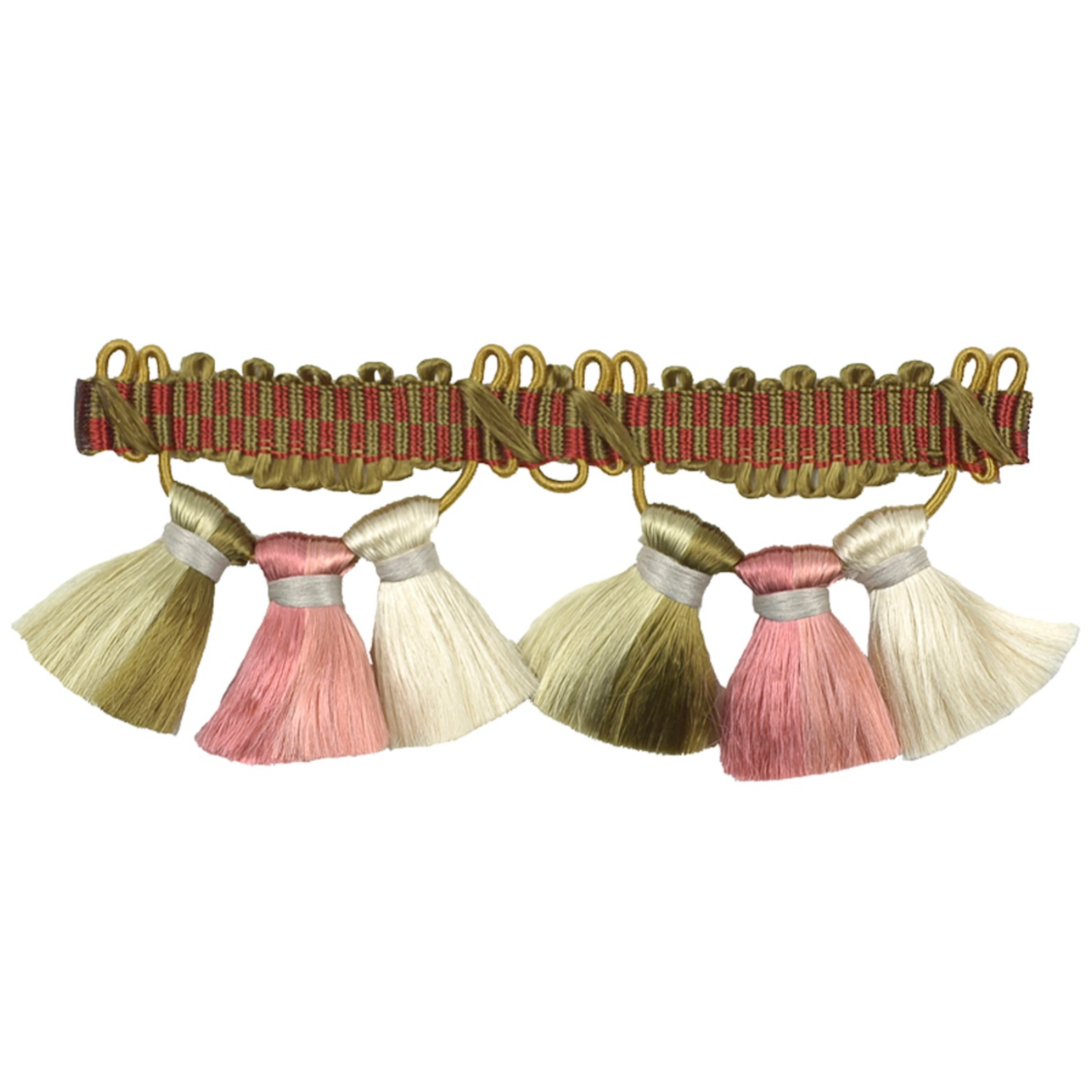 Decorative trim with multi-coloured tassels on a white background