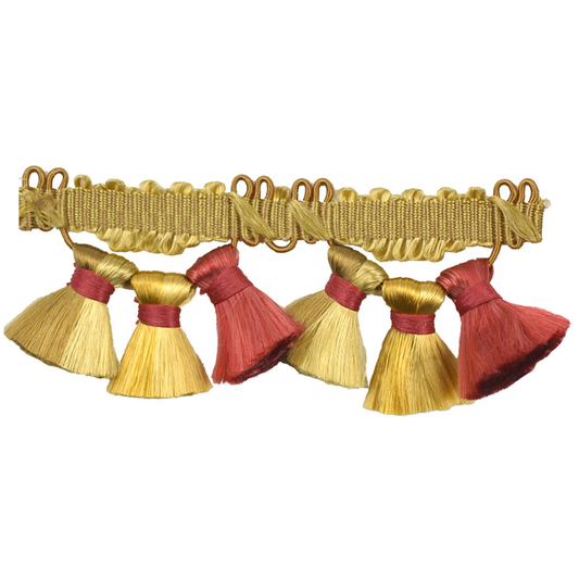 Decorative gold and red tassel trim on a white background