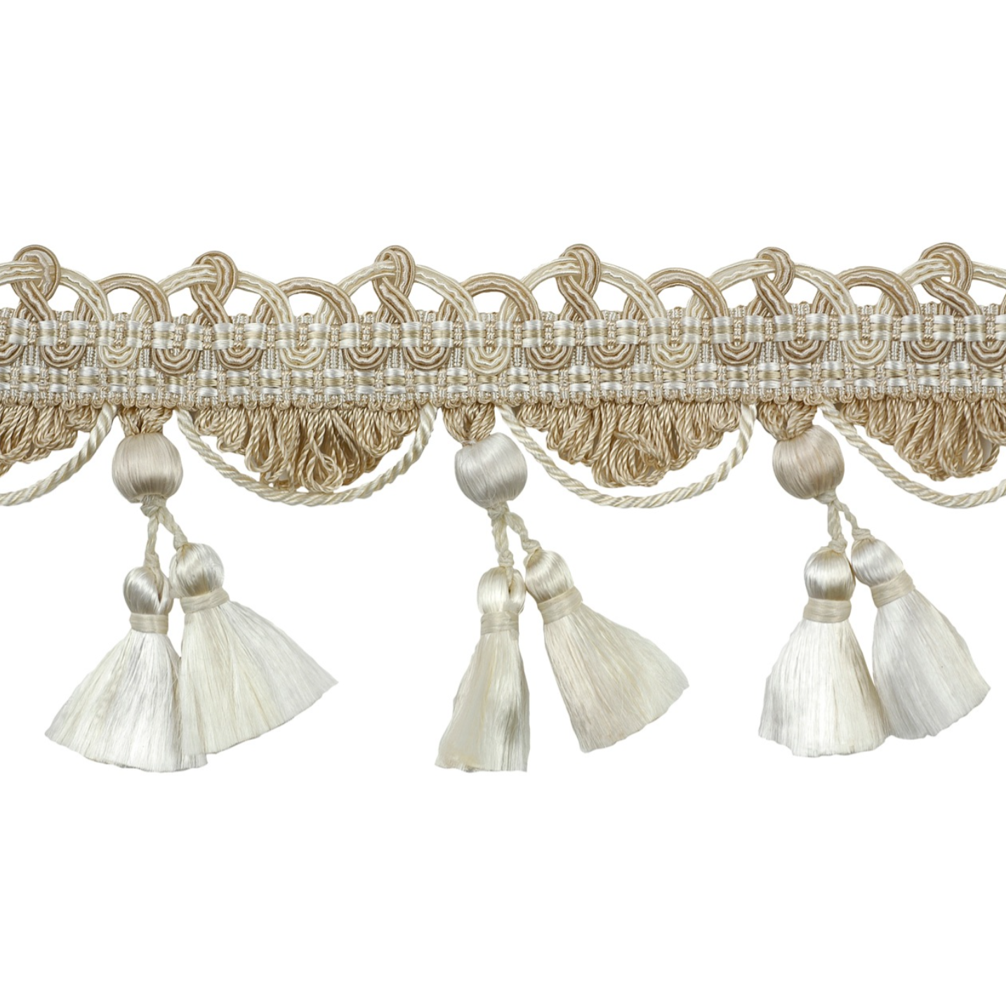 Decorative trim with tassels on a white background