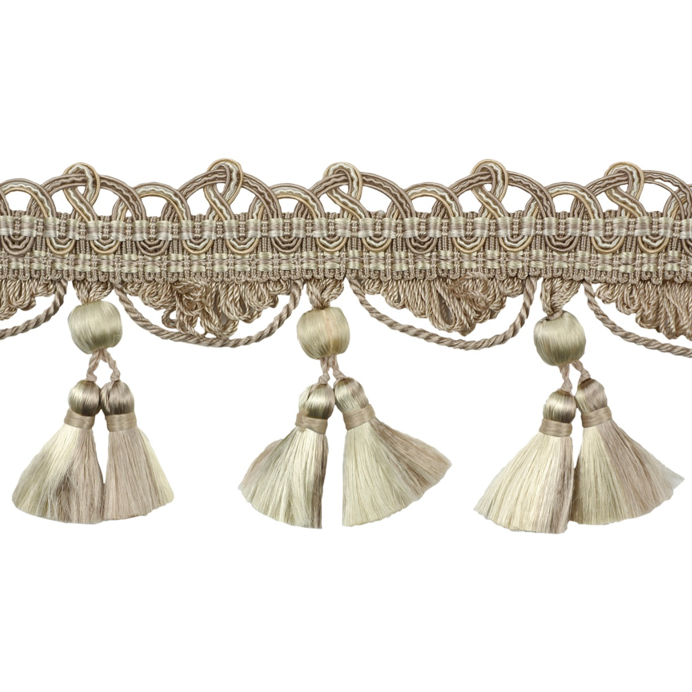 Decorative trim with braided design and tassels on a white background