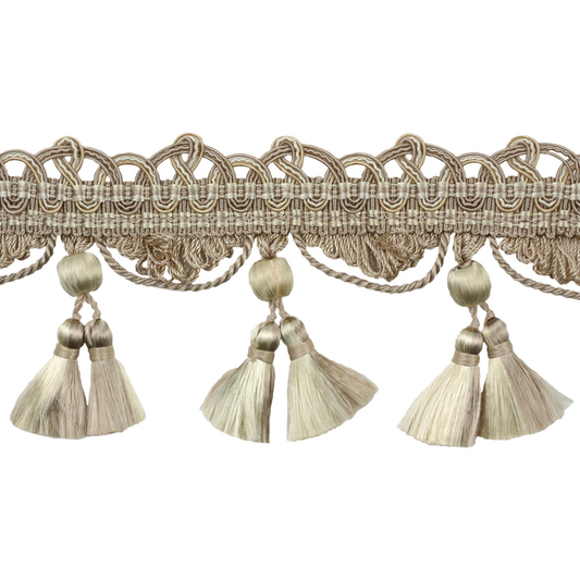 Decorative trim with braided design and tassels on a white background