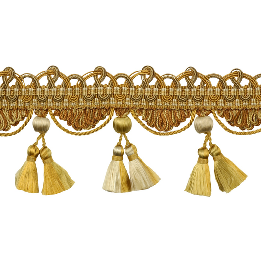 Decorative gold trim with tassels on a white background