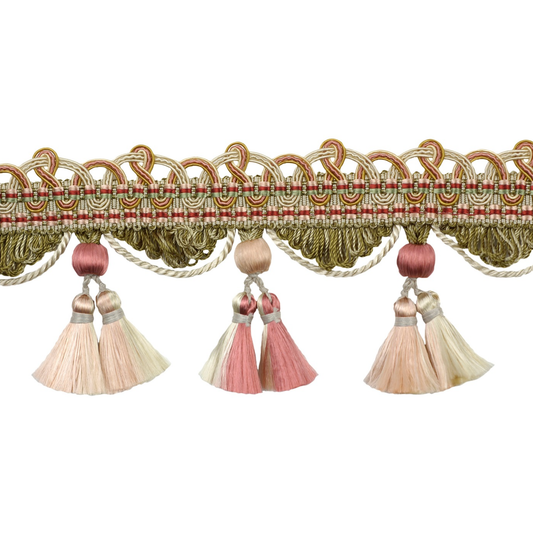Decorative trim with tassels for curtains or upholstery on a white background