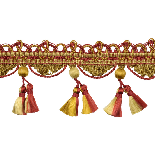 Decorative trim with red and gold tassels on a white background