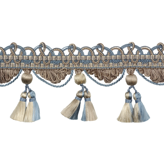 Decorative trim with braided design and tassels on a white background