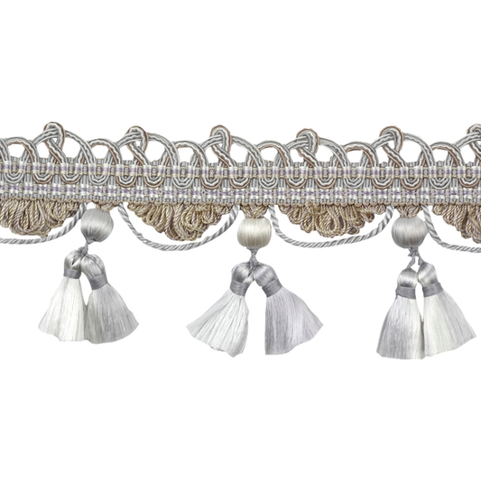 Decorative trim with braided design and tassels on a white background