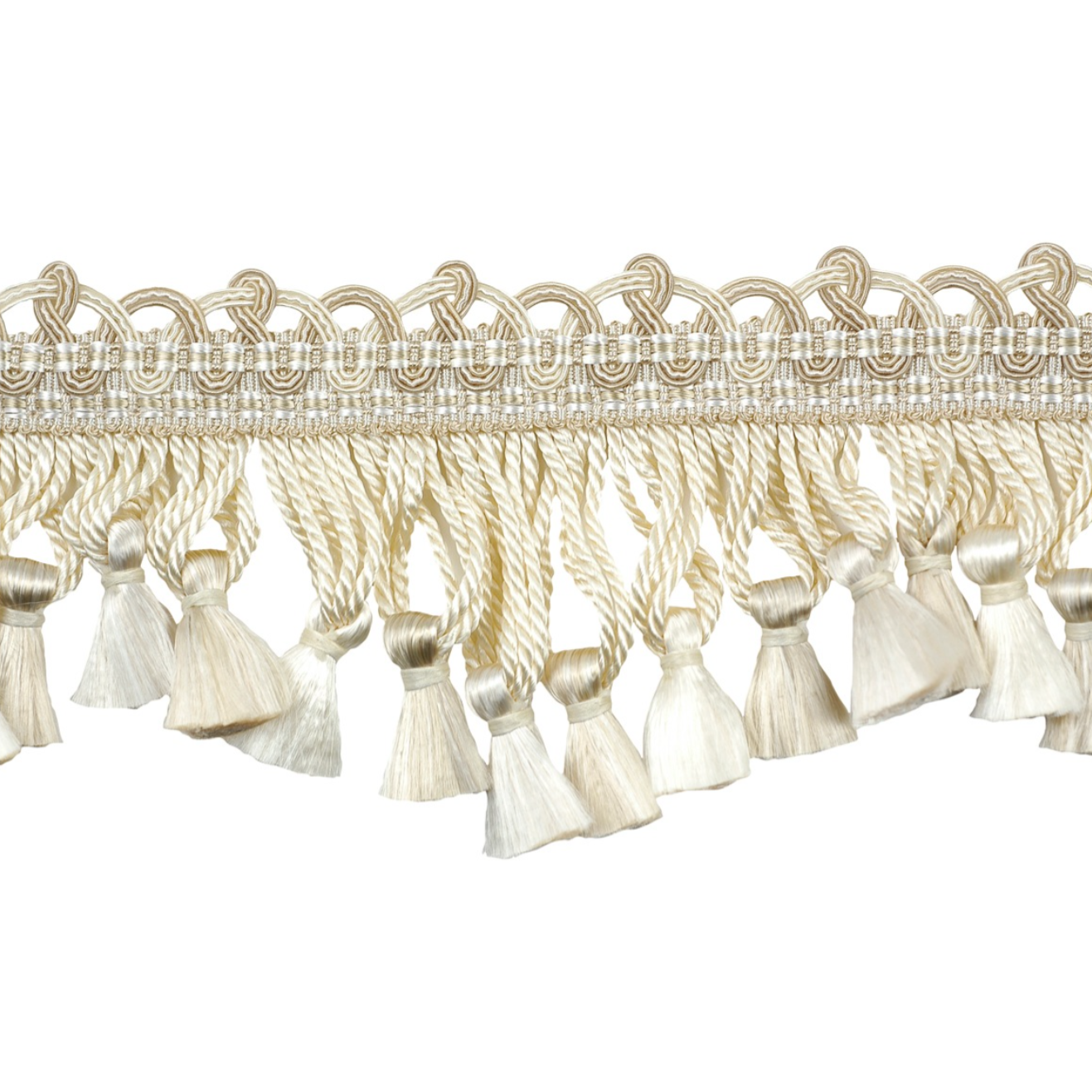 Decorative lace trim with tassels on a white background