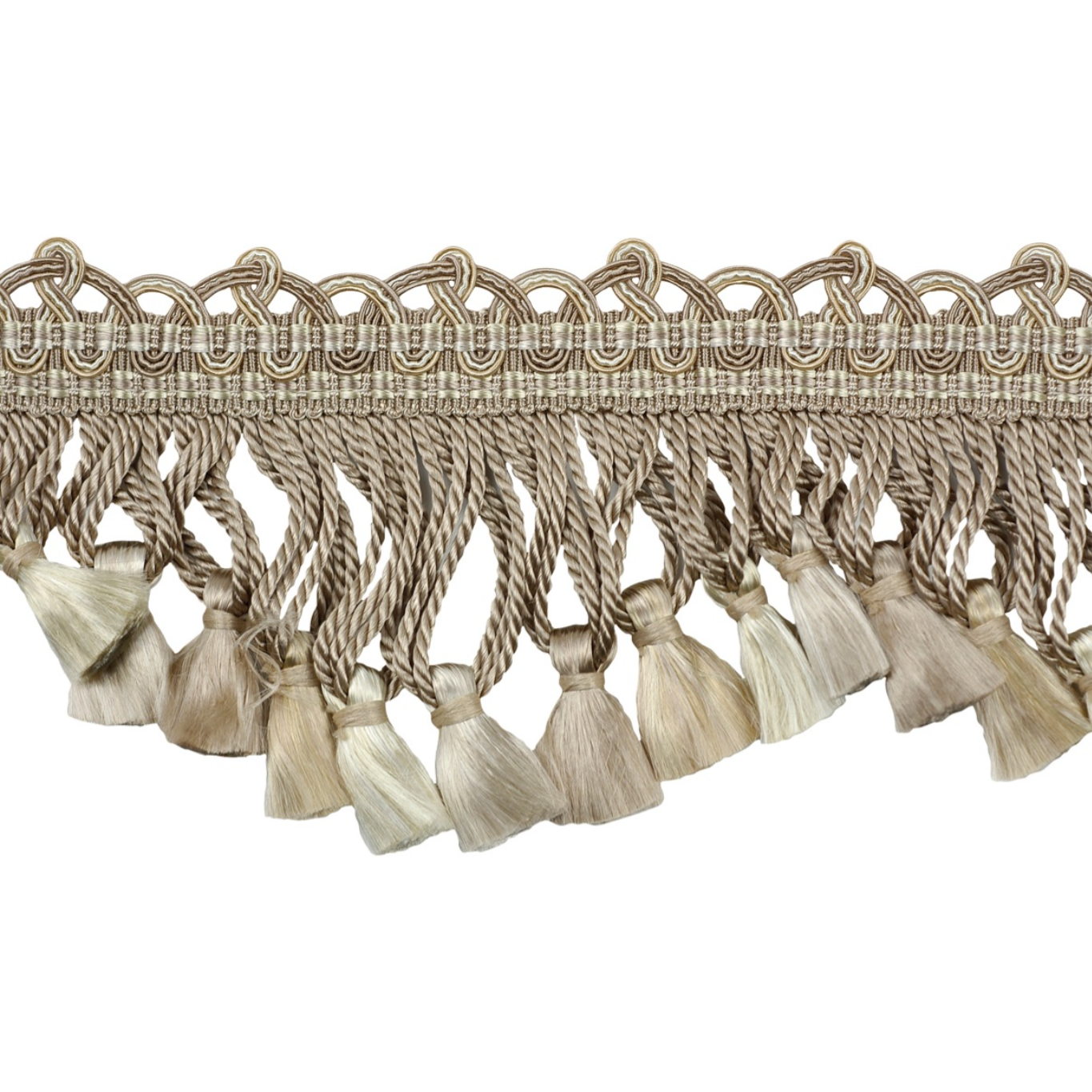 Decorative trim with braided rope and tassels on a white background