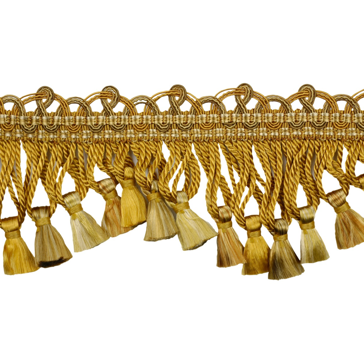Gold fringe trim with tassels on a white background