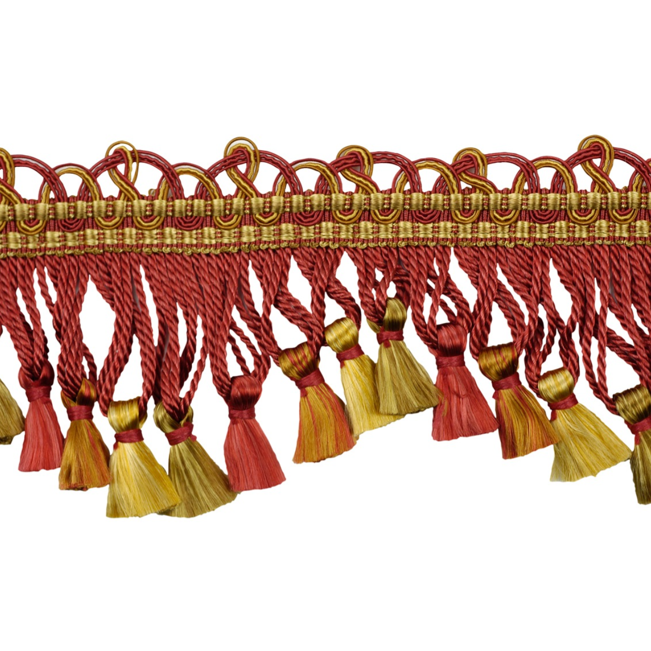 Decorative fringe trim with red and gold tassels on a white background