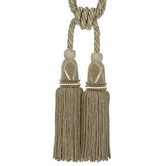 Decorative tassel tieback with braided design on a white background