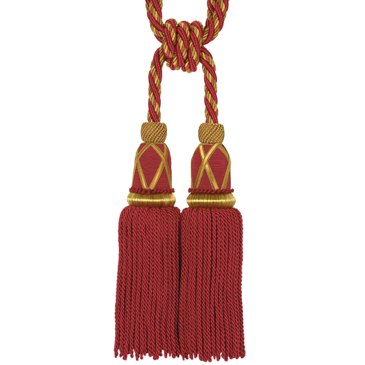 Red and gold two tassel tieback on a white background