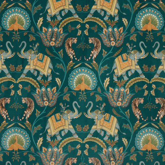 Yamuna Velvet Fabric Emerald featuring intricate Indian-style elephant and tiger motifs with vibrant green and gold accents for upholstery.