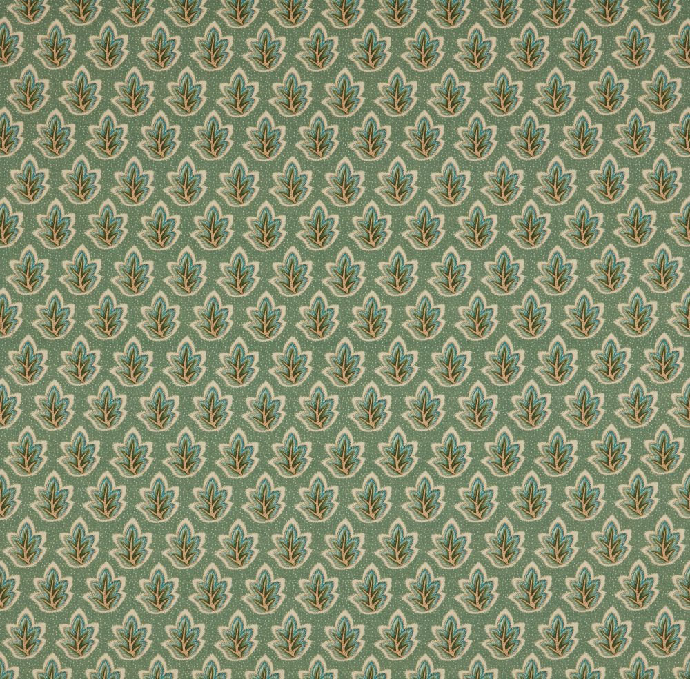 Ziro Leaf Fern fabric with intricate Indian leaf motifs in green tones, ideal for upholstery, curtains, and blinds in home décor.