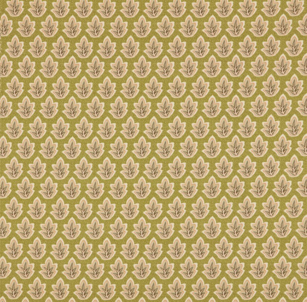 Ziro Leaf Olive fabric with intricate Indian leaf motifs in earthy green tones, ideal for upholstery, curtains, and blinds in home decor.