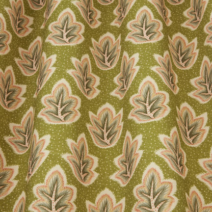 Close-up of Ziro Leaf Olive fabric showcasing detailed Indian-style leaf patterns in muted green, perfect for curtains and upholstery.