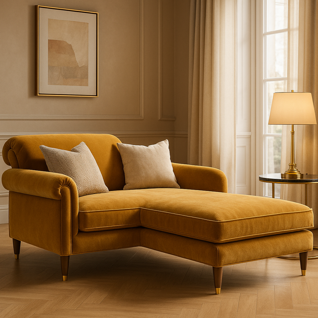 A square format image of a luxurious chaise lounge upholstered in Richmond Aquaclean Velvet Buttermere Gold fabric in a bright sophisticated elegant lounge with medium-toned walls and natural light