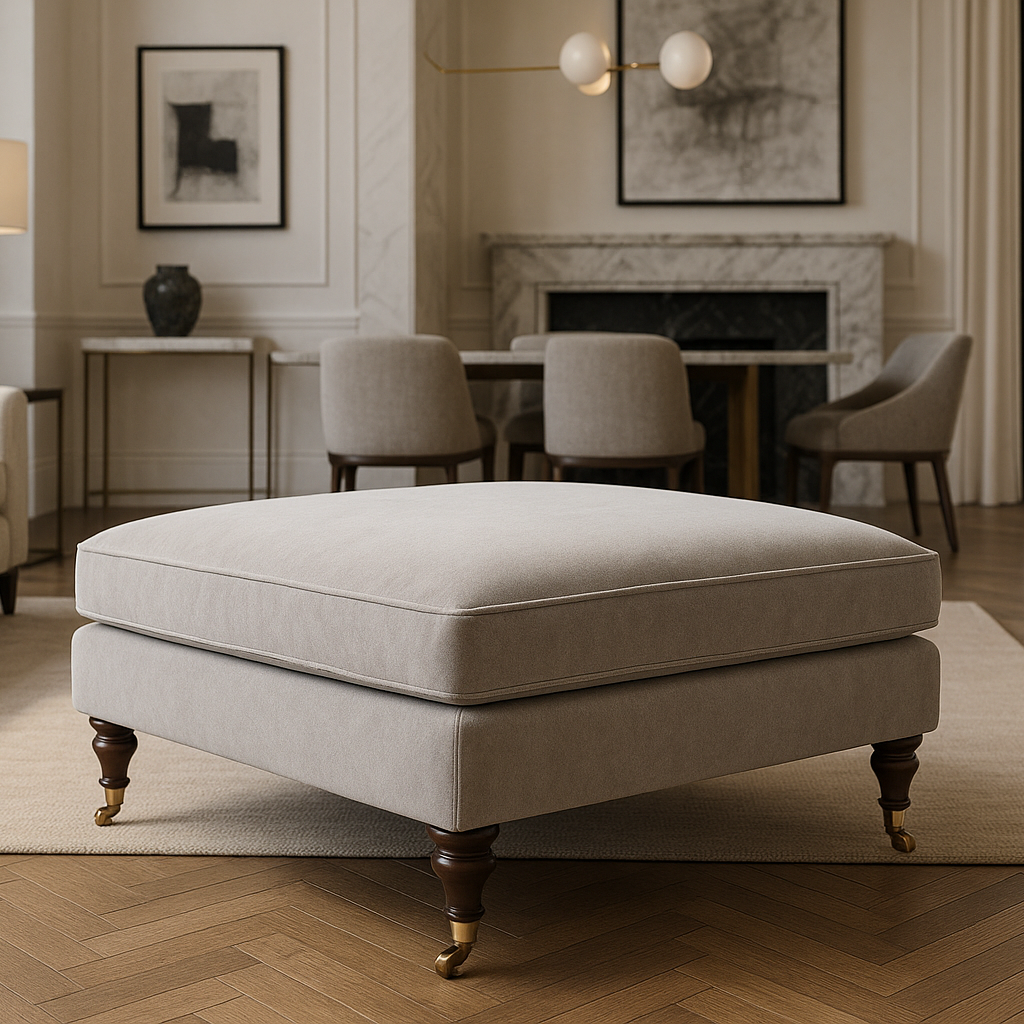 An elegant footstool upholstered in Richmond Aquaclean Velvet Pebble fabric in a sophisticated high-end designer lounge with premium architectural features and furnishings