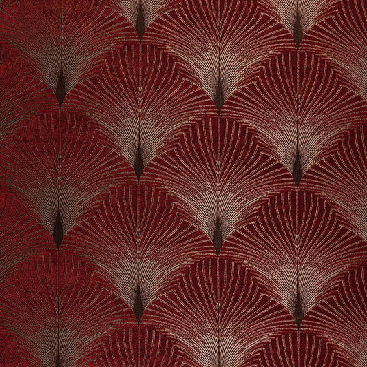 Jazz Broadway art deco fabric in rich red chenille with intricate fan-like patterns, ideal for upholstery and luxurious home décor.