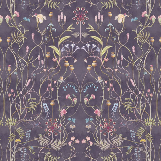 The Chateau by Angel Strawbridge Wild Flower Garden Nightshadow fabric featuring intricate floral illustrations on a dark purple/navy background.