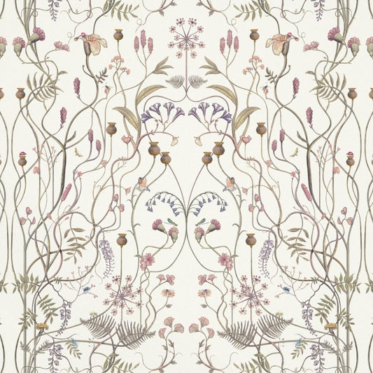 The Chateau by Angel Strawbridge Wildflower Garden Fabric featuring intricate botanical patterns with pink, purple, and white floral designs on a whisper white background.